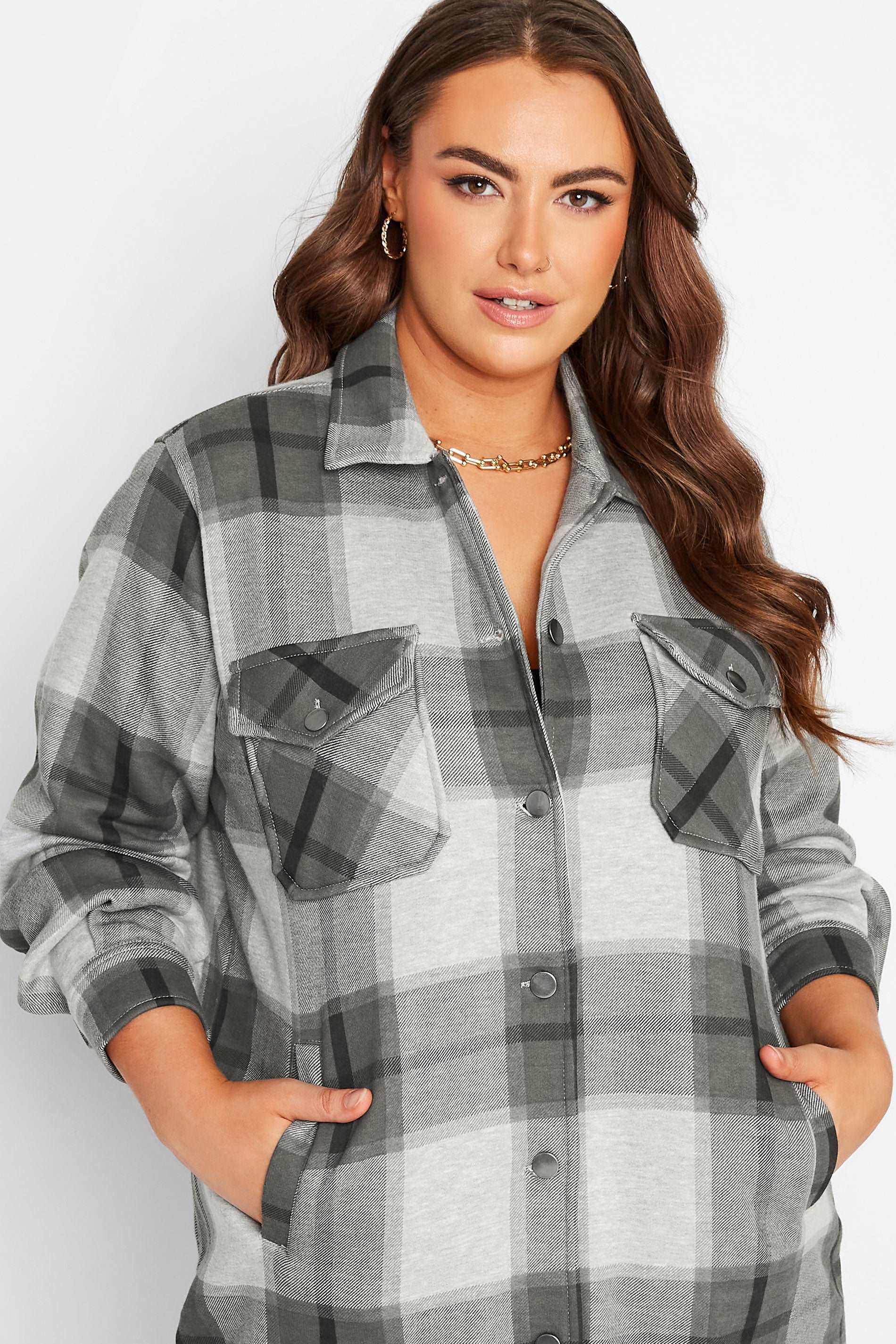 Dark Grey Long oversized check shacket for Her-2016 - FactoryX.pk